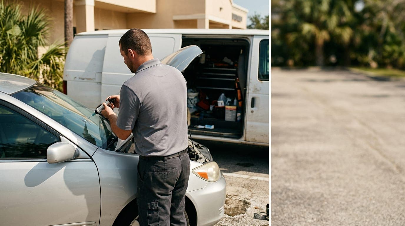 A glass repair technician works on a car windshield at a service facility in bright daylight.
