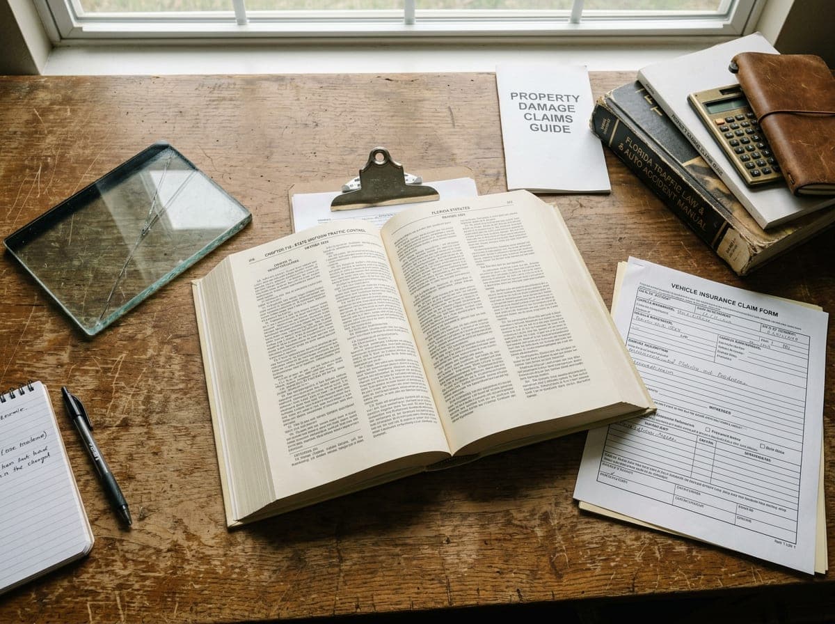 Florida Statute documentation and insurance materials on a desk, representing coverage information for windshield replacement.